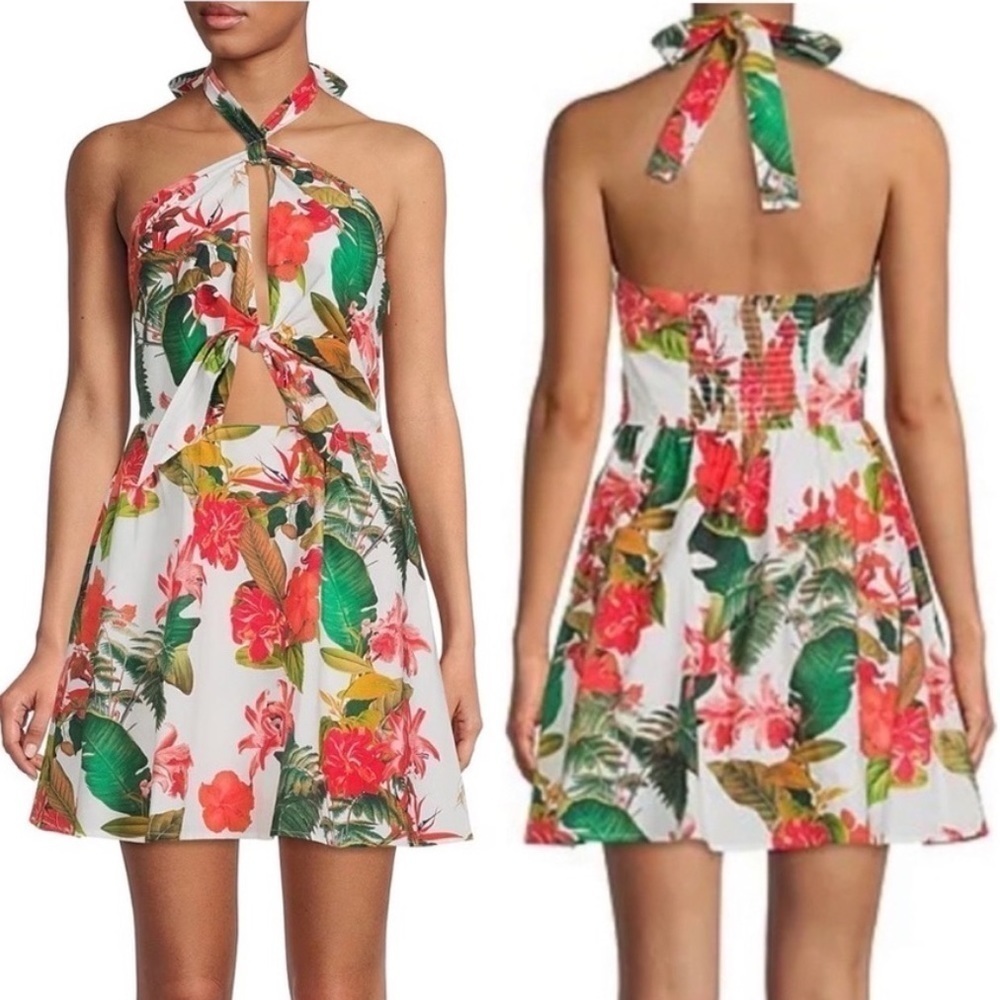 NWT Gianni Bini Dress Size 0 Charlotte Halter Ivory Tropical 100% Cotton Floral - Picture 2 of 14